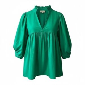 Never A Wallflower Emerald Green Puff Sleeve High Ruffle Neck Top Women's size S